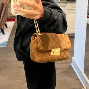 Michael Kora Quilted Suede Shoulder Bag in Brown with Gold Hardware